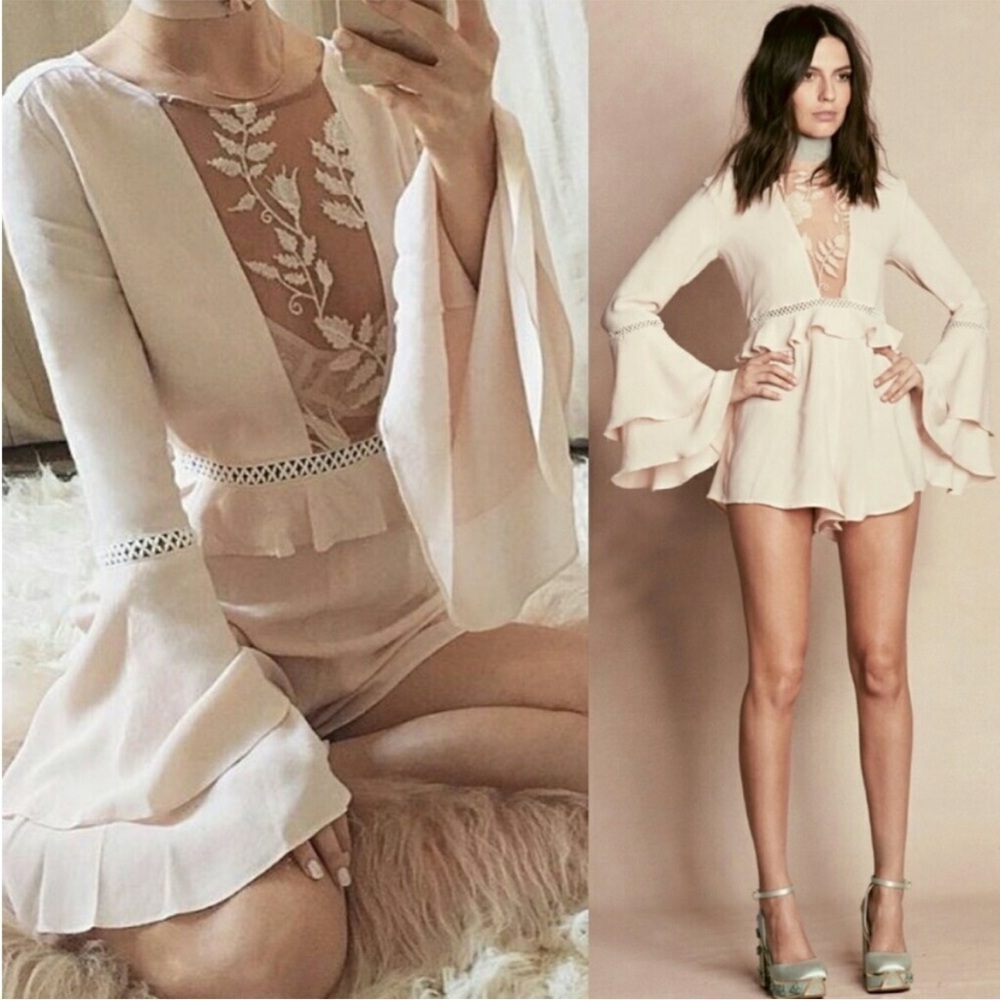 NEW! For Love and Lemon- Pink Ruffle Long Sleeve Emilia Romper with Lace Detail